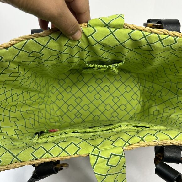 Vera Bradley Straw Beach Tote Bag Black Floral Capri Melon Tie - Picture 11 of 15